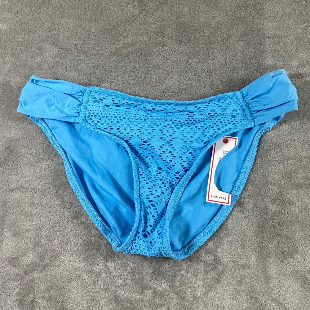 Bisou Bisou Blue Crochet Bikini Bottoms Ruched Swimwear Women Large NEW